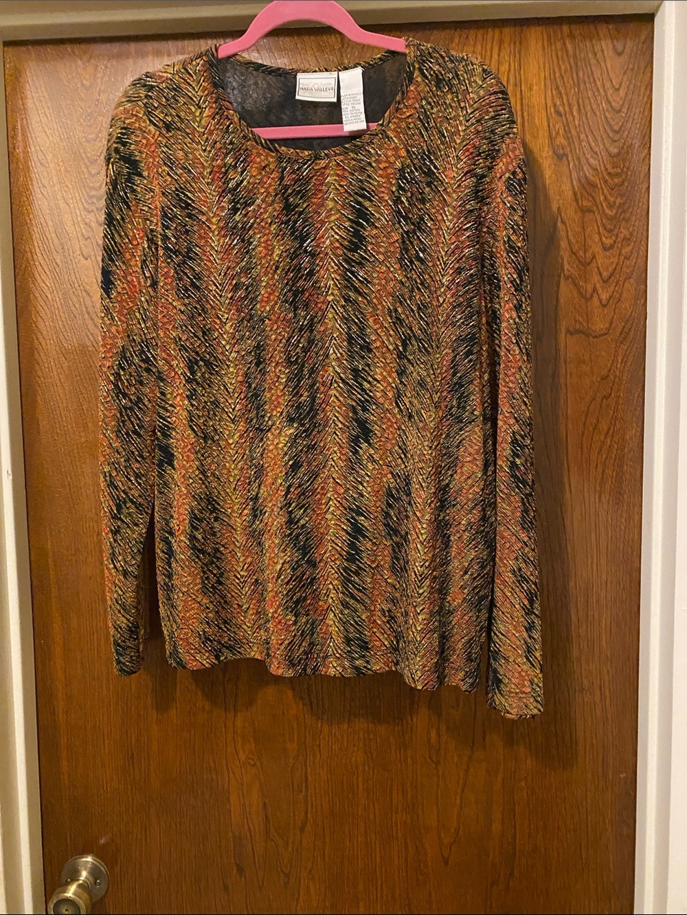 Susan Graver Long-Sleeve Knit Top - Black, Orange, Gold Blend